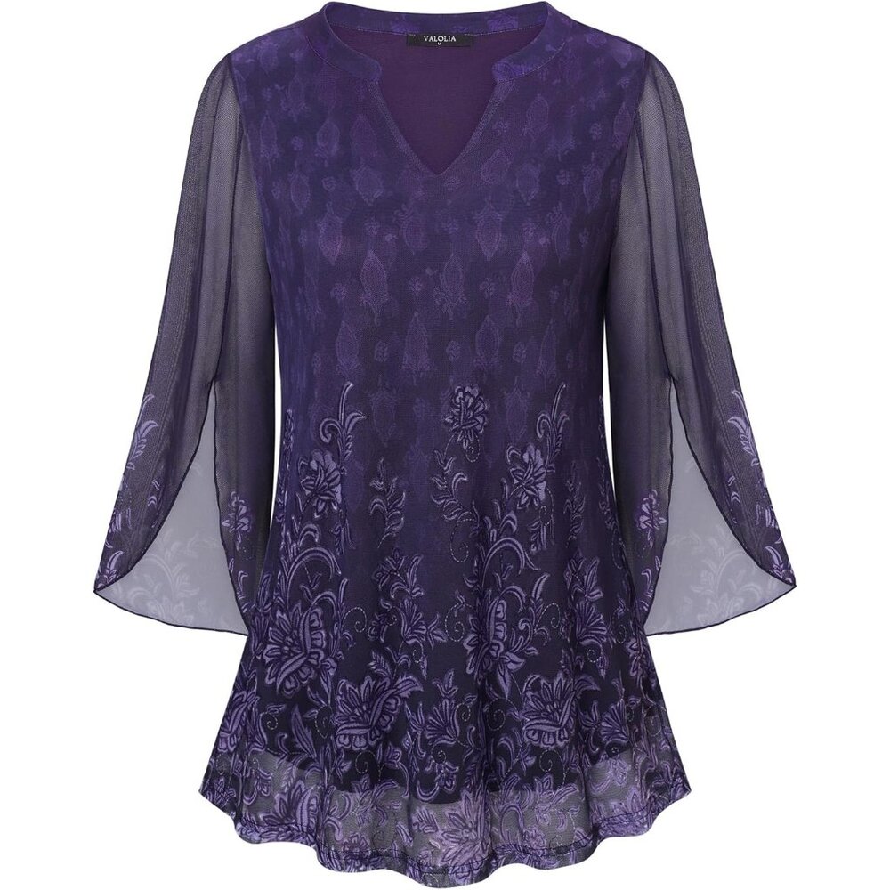 〽️Women's Deep Violet 2 Lose Fit 3/4 Sleeve V Neck Double Layers Fit Tunic Tops